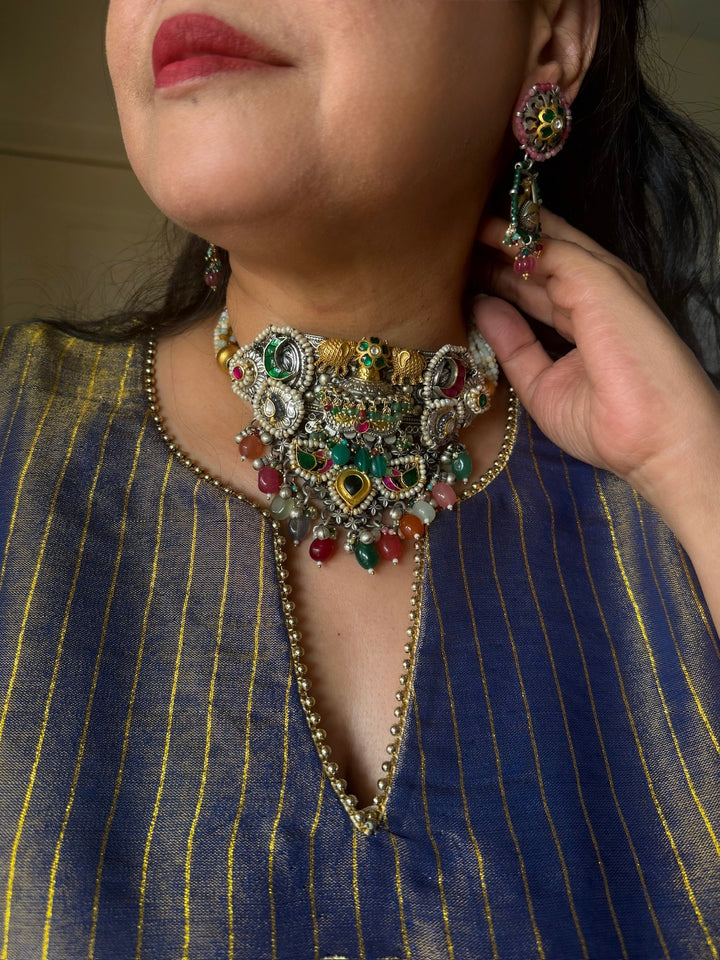 Handmade 925 Silver Multi Gemstone Kundan Fusion Choker Set | SHIVKA