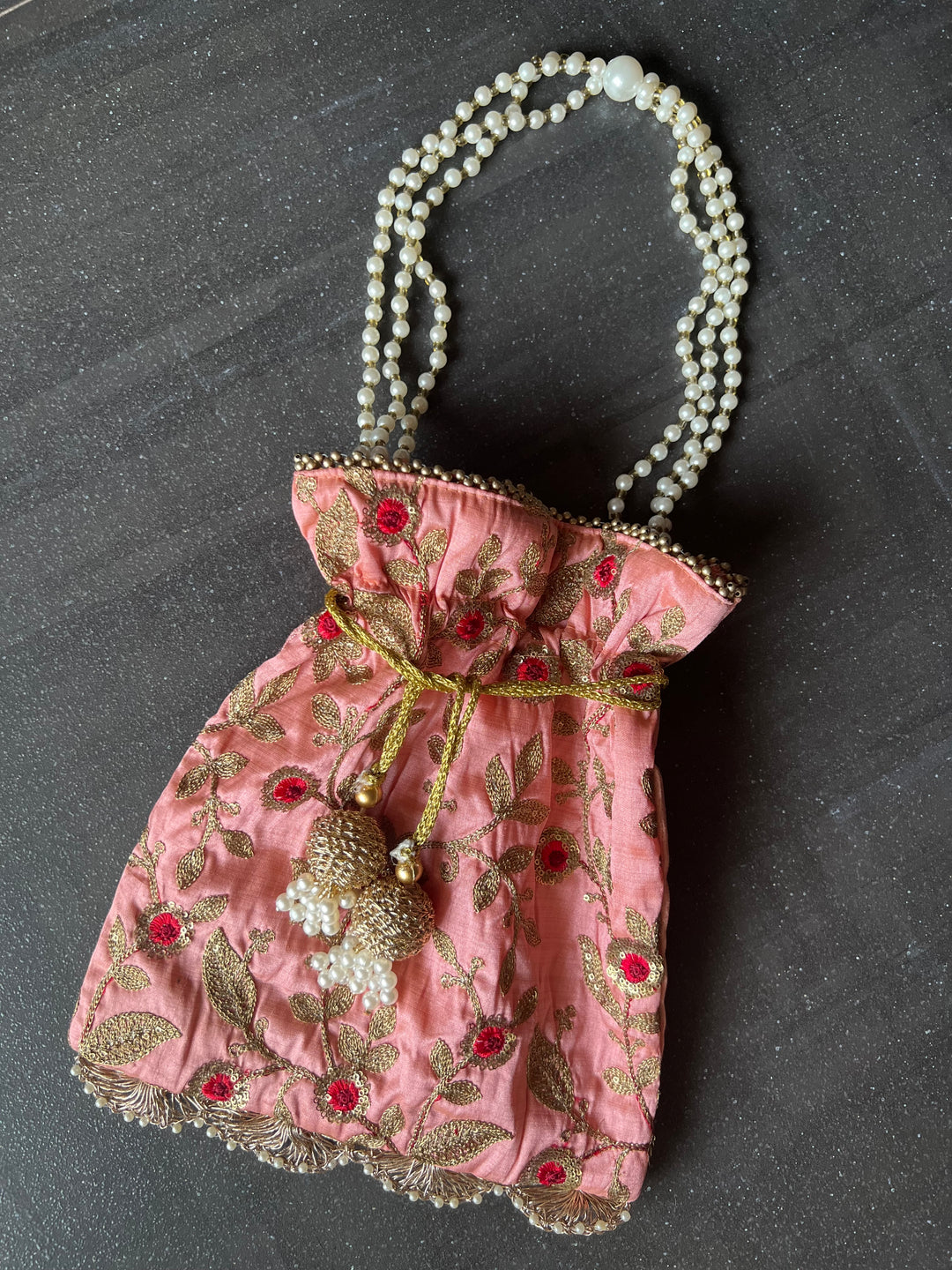 Pink Embroidered Silk Potli Bag