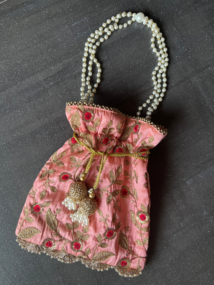 Pink Embroidered Silk Potli Bag