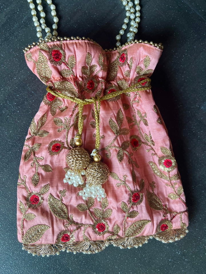 Pink Embroidered Silk Potli Bag