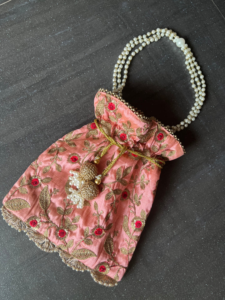 Pink Embroidered Silk Potli Bag