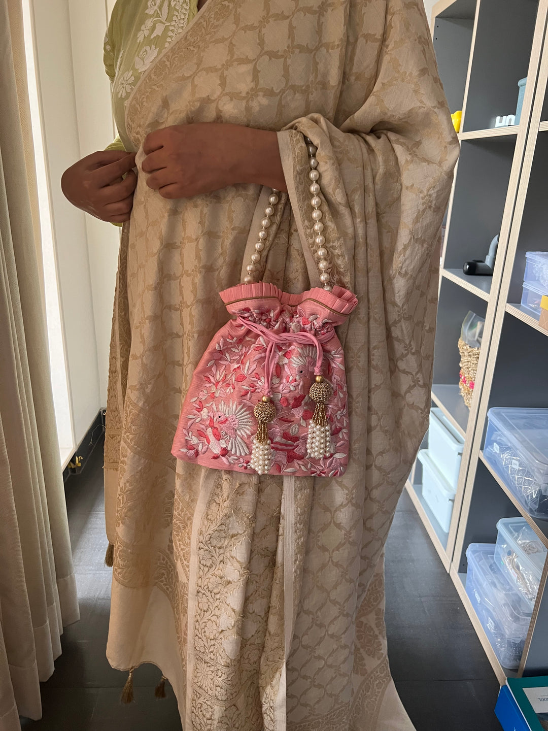 Pink Embroidered Silk Potli Bag