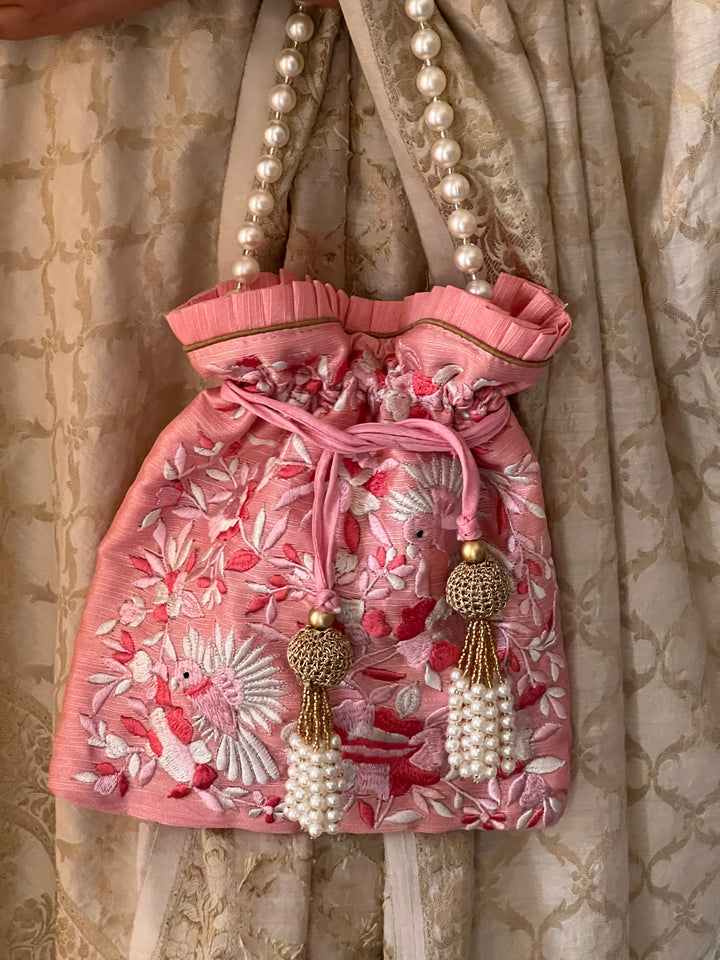 Pink Embroidered Silk Potli Bag