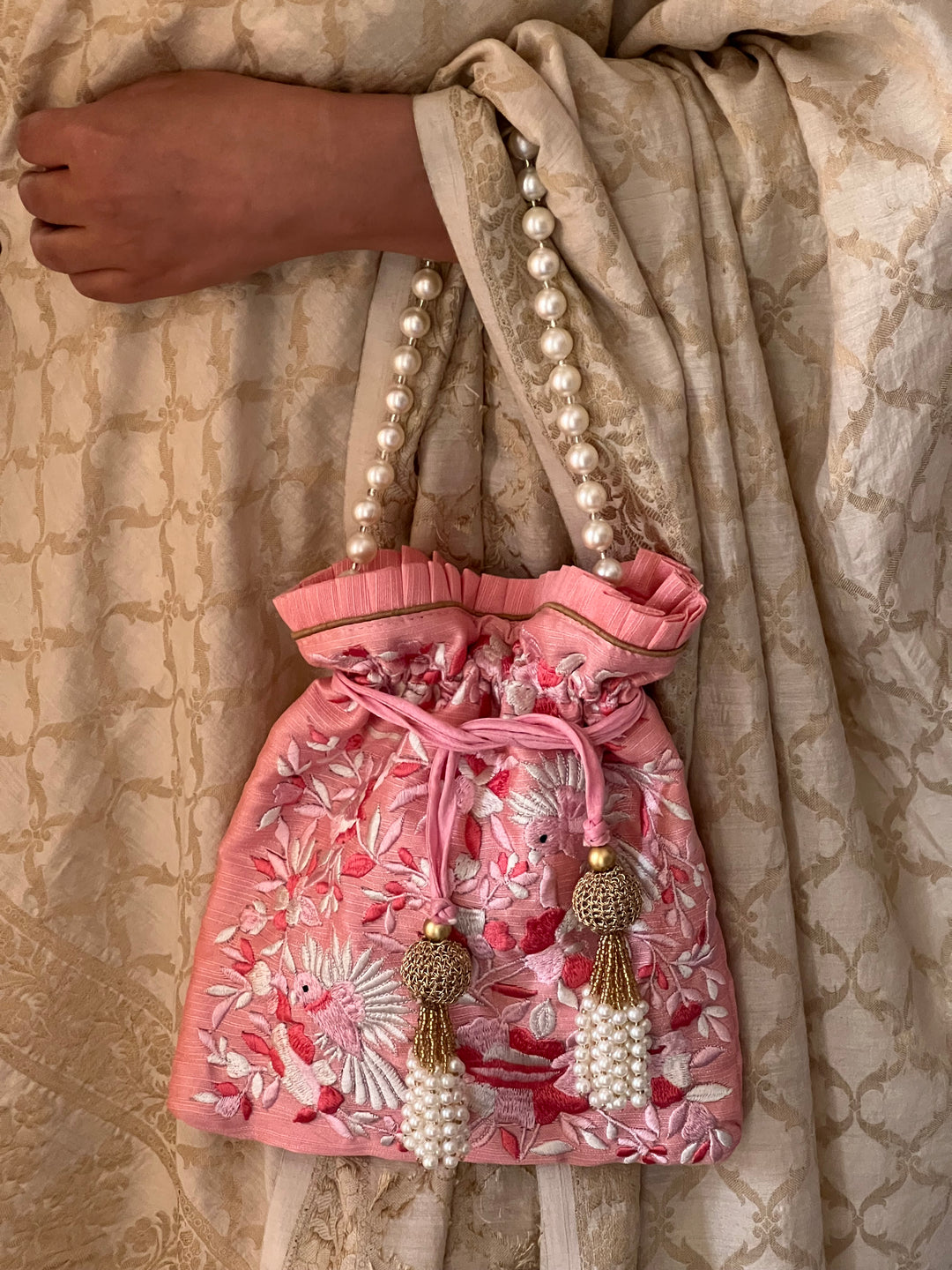 Pink Embroidered Silk Potli Bag