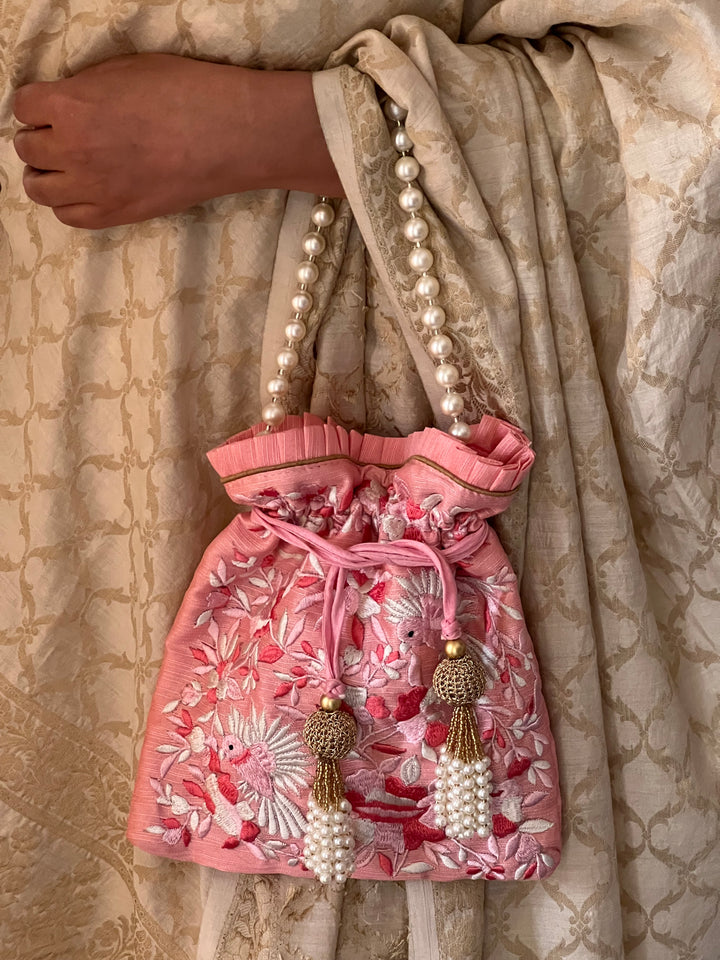 Pink Embroidered Silk Potli Bag
