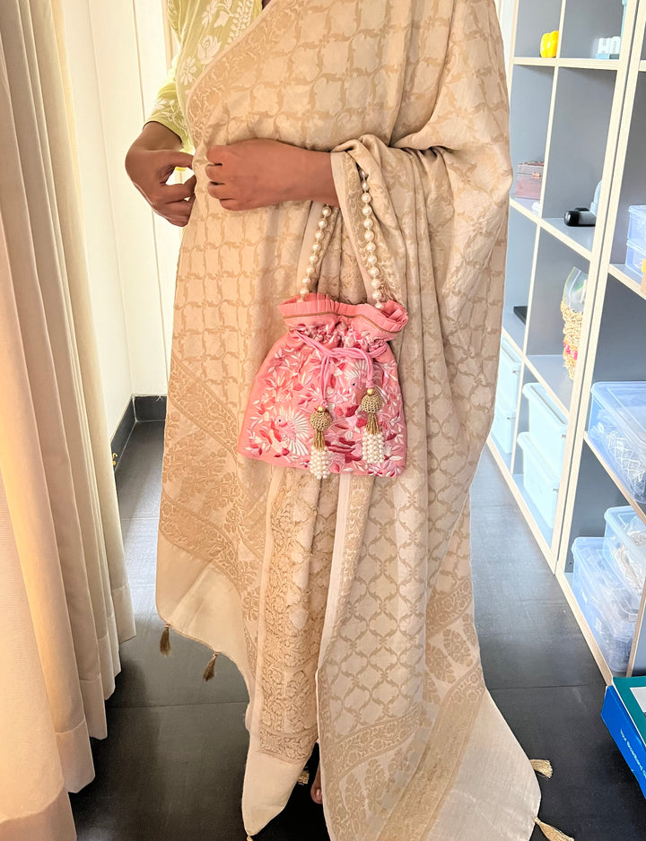 Pink Embroidered Silk Potli Bag