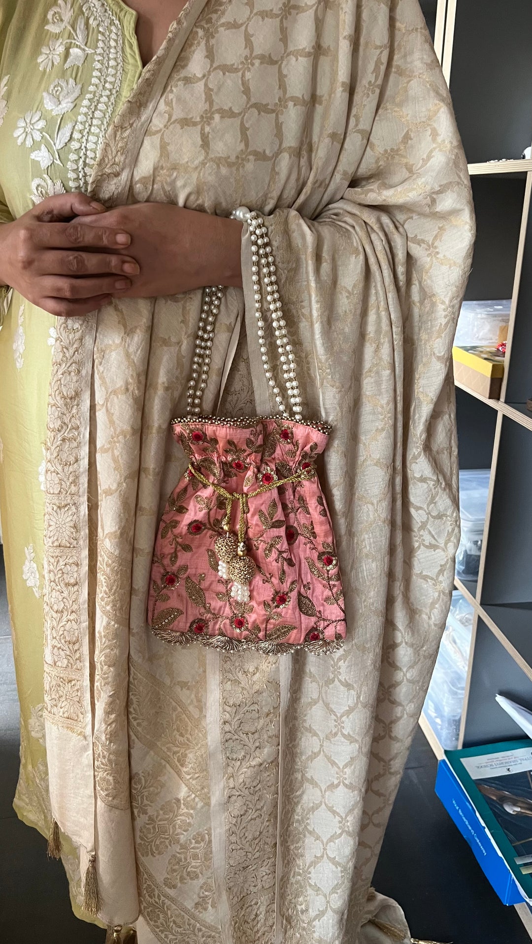 Pink Embroidered Silk Potli Bag