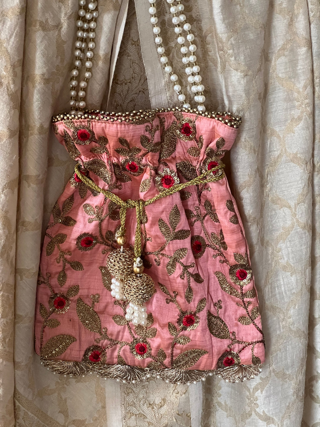 Pink Embroidered Silk Potli Bag