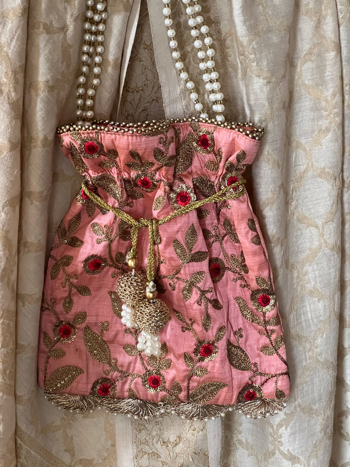 Pink Embroidered Silk Potli Bag