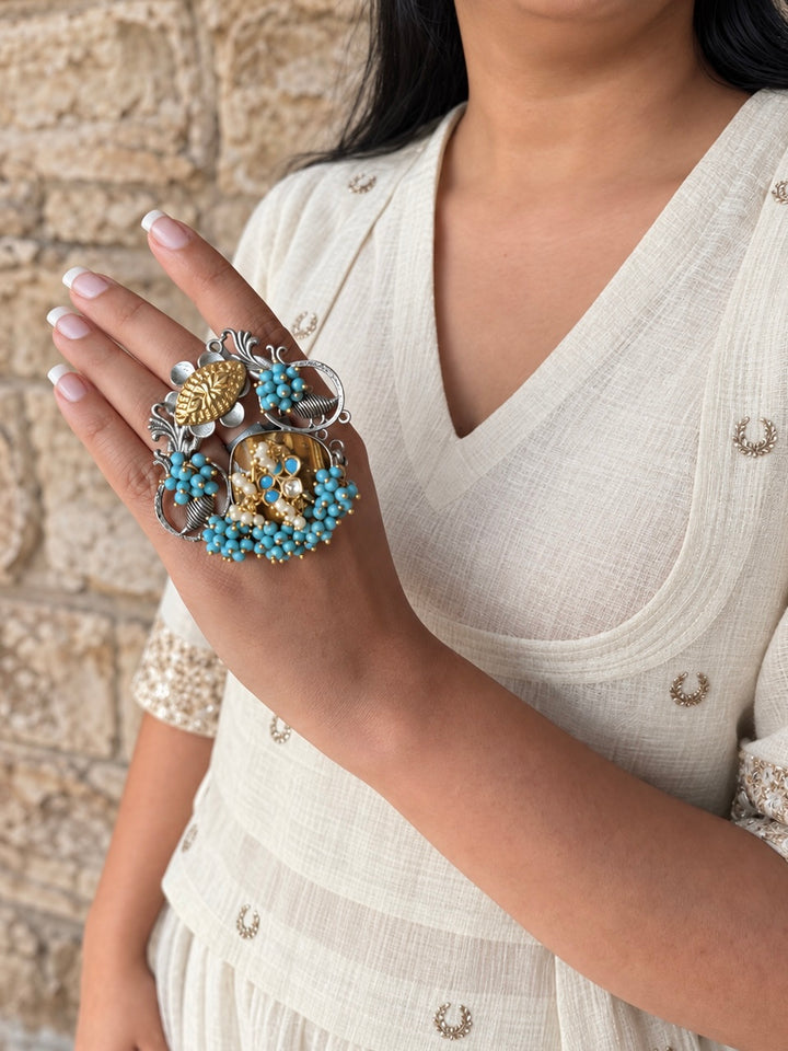 Tiger’s Eye Bird Motifs Blue Ghungroo Ring