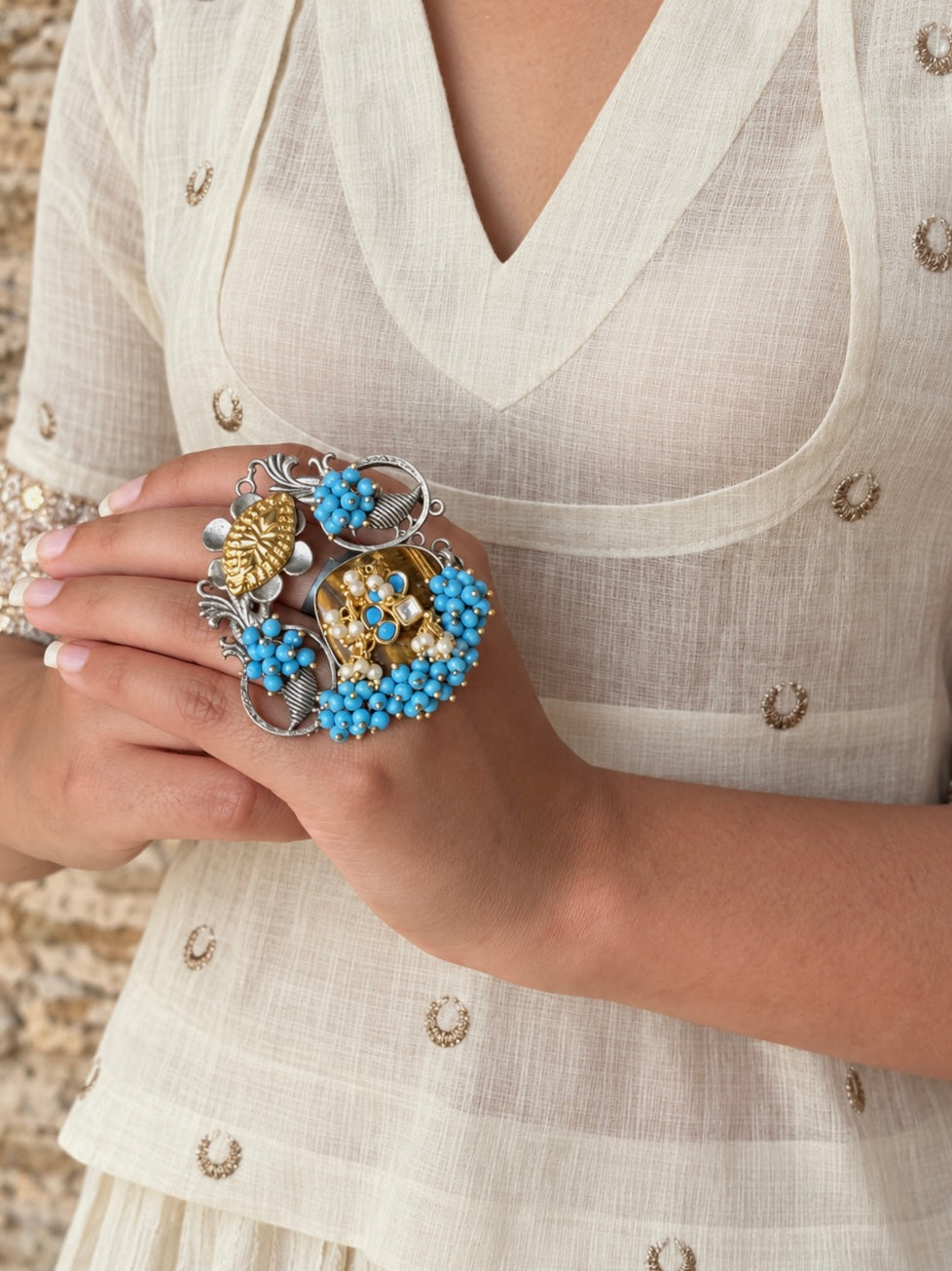 Tiger’s Eye Bird Motifs Blue Ghungroo Ring