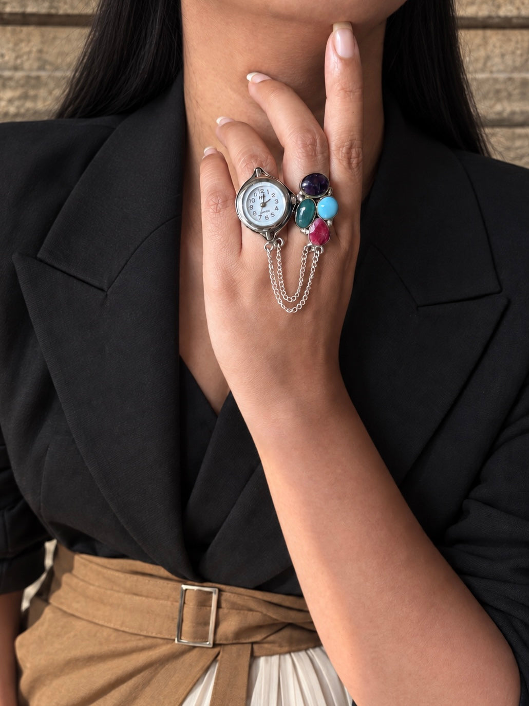 Gemstone Cluster Two-Finger Watch Ring