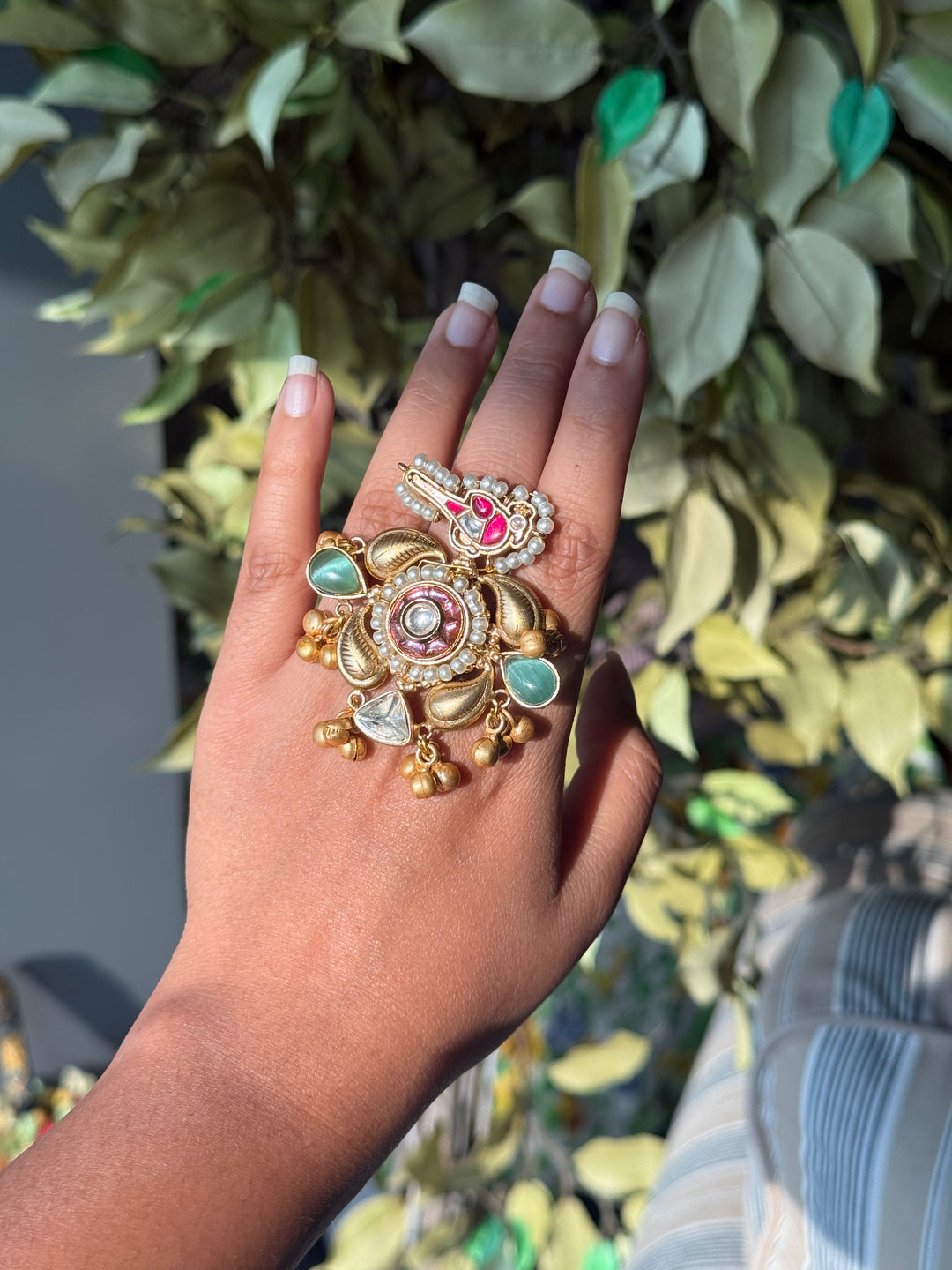 Gold-Tone Bird Motif Ghungroo Haathphool Ring