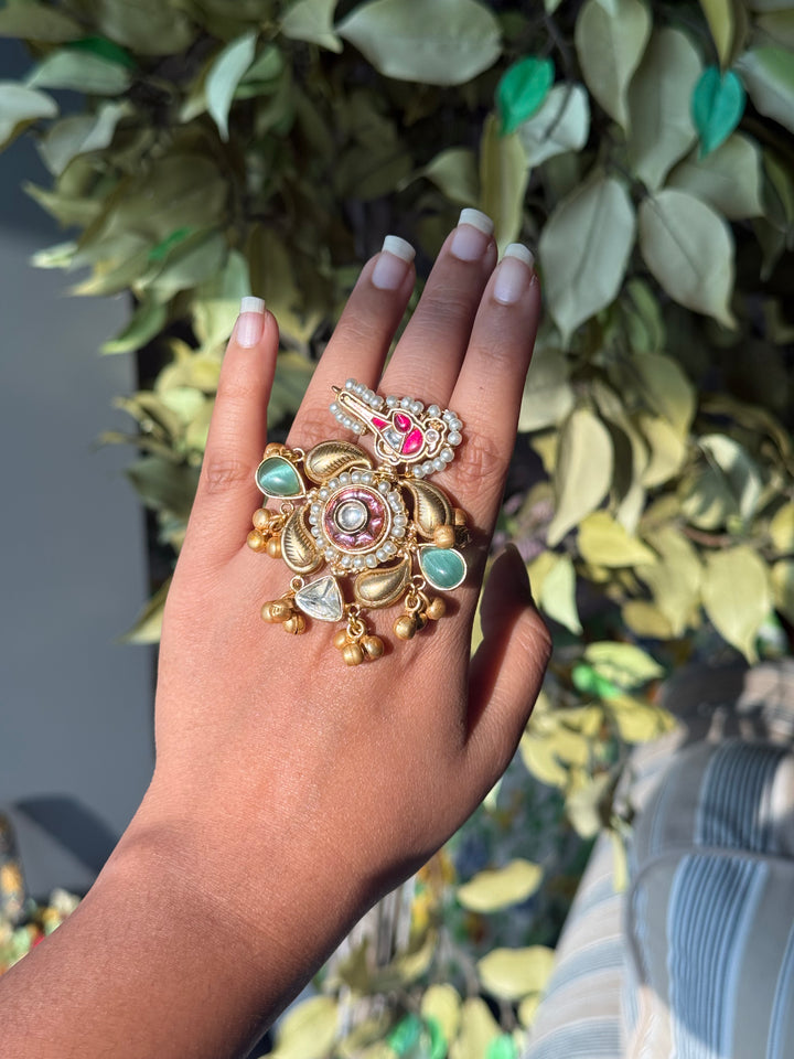 Gold-Tone Bird Motif Ghungroo Haathphool Ring