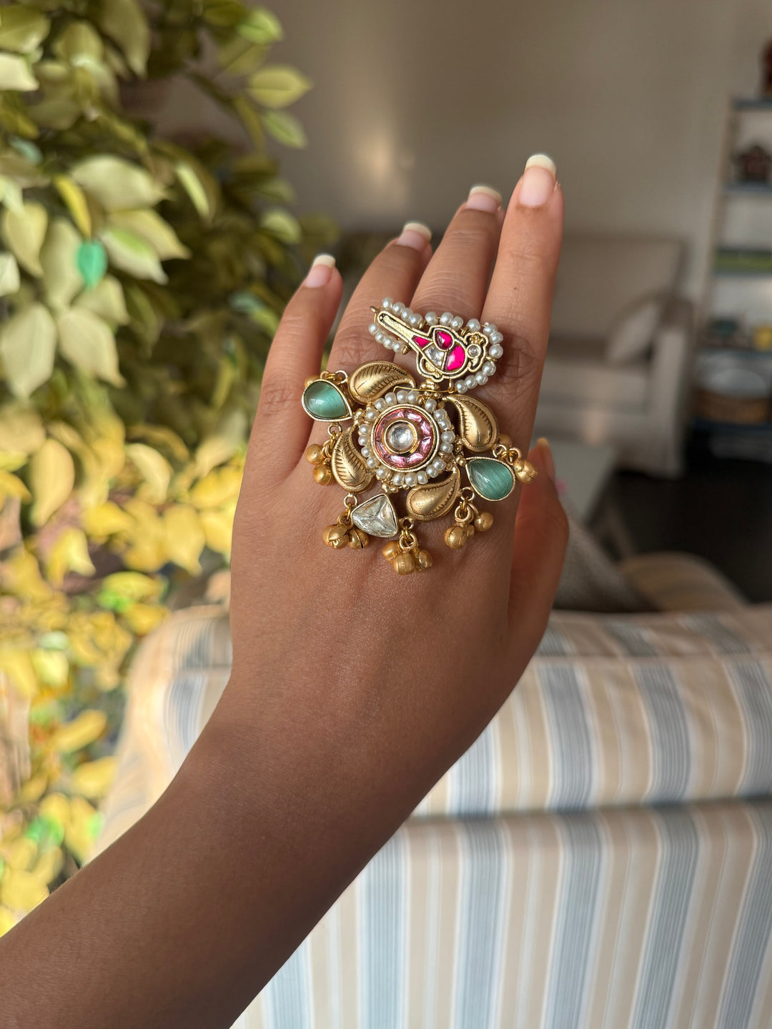 Gold-Tone Bird Motif Ghungroo Haathphool Ring
