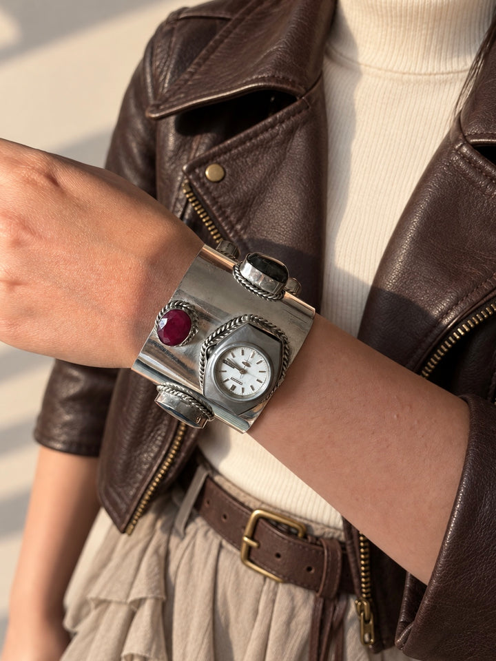Vintage Watch Gemstone Silver-Tone Cuff