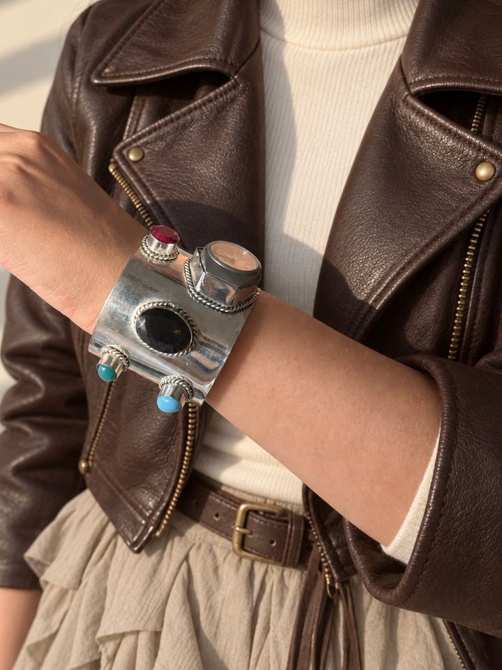 Vintage Watch Gemstone Silver-Tone Cuff