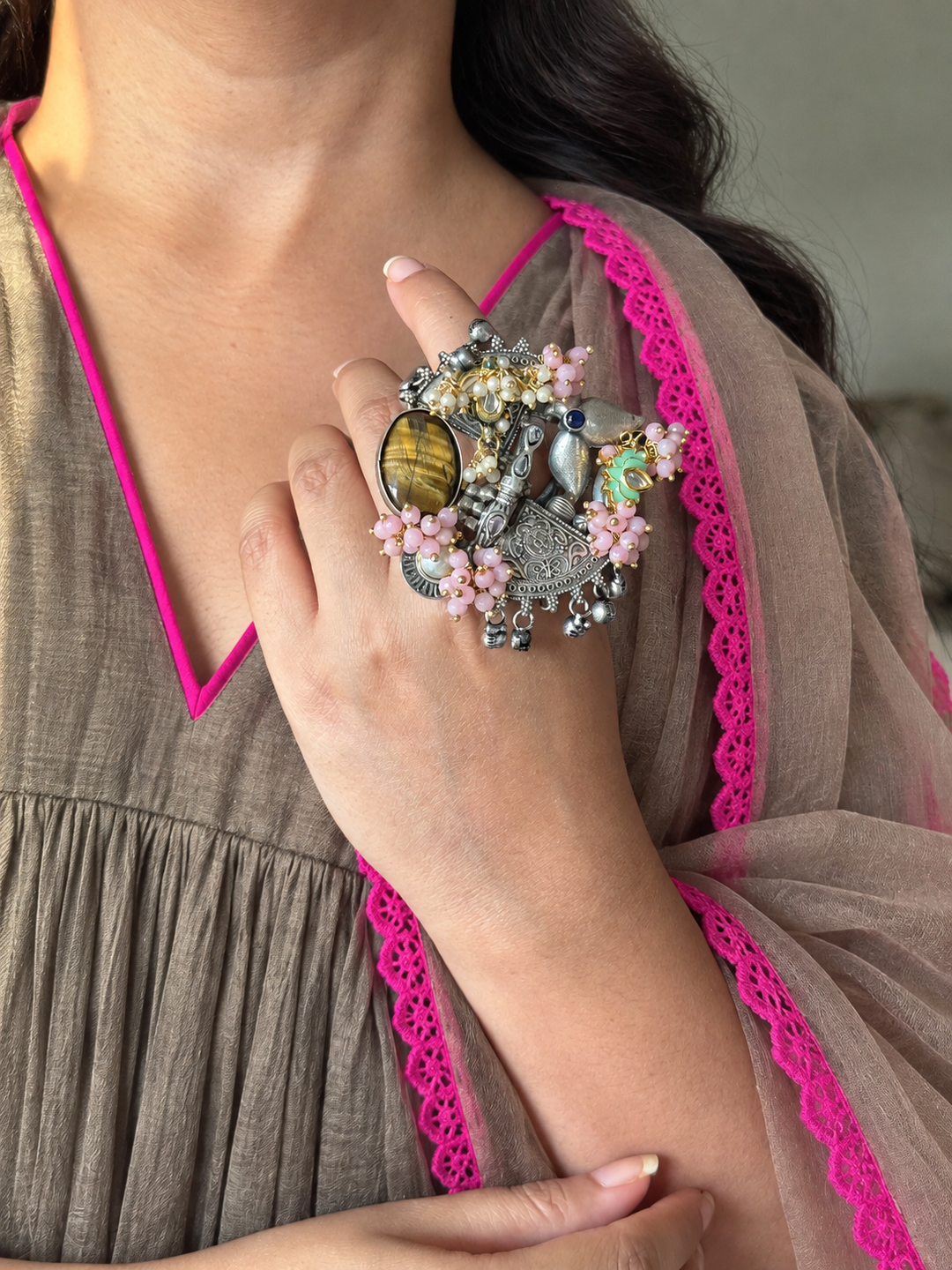 Tiger’s Eye Pink Floral Temple Haathphool Ring