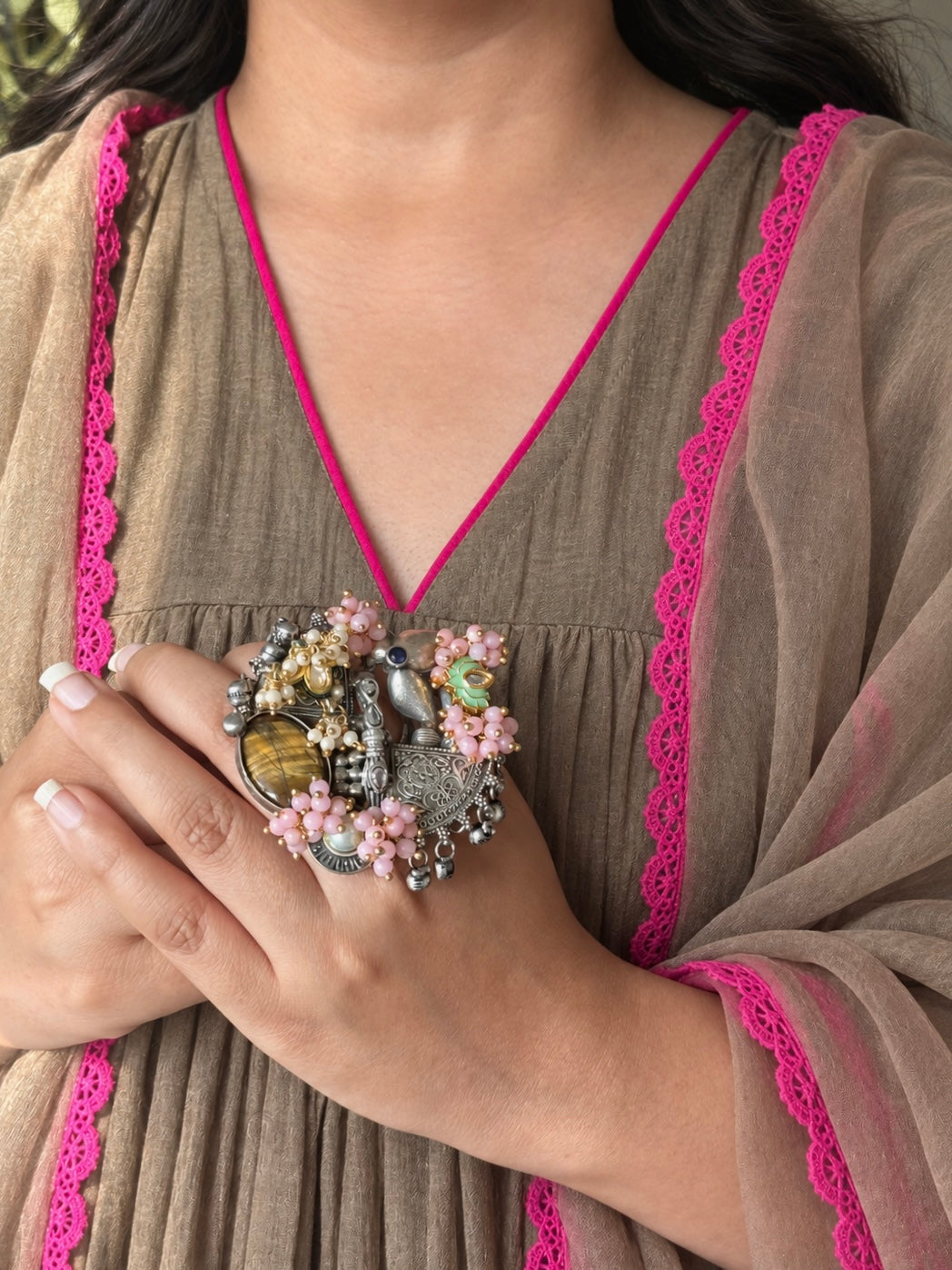 Tiger’s Eye Pink Floral Temple Haathphool Ring