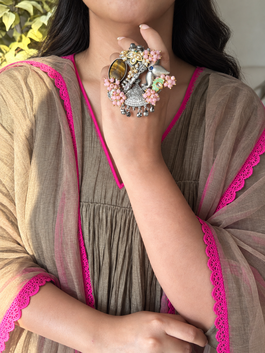 Tiger’s Eye Pink Floral Temple Haathphool Ring