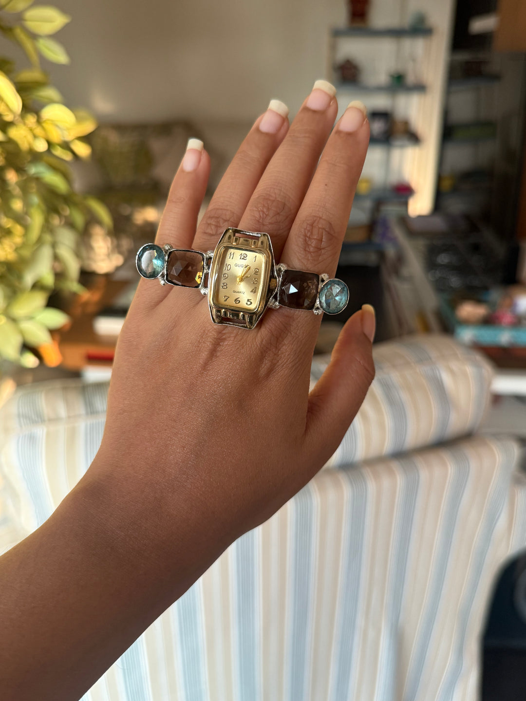 Vintage Watch Quartz Stones Statement Ring