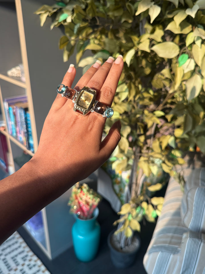 Vintage Watch Quartz Stones Statement Ring