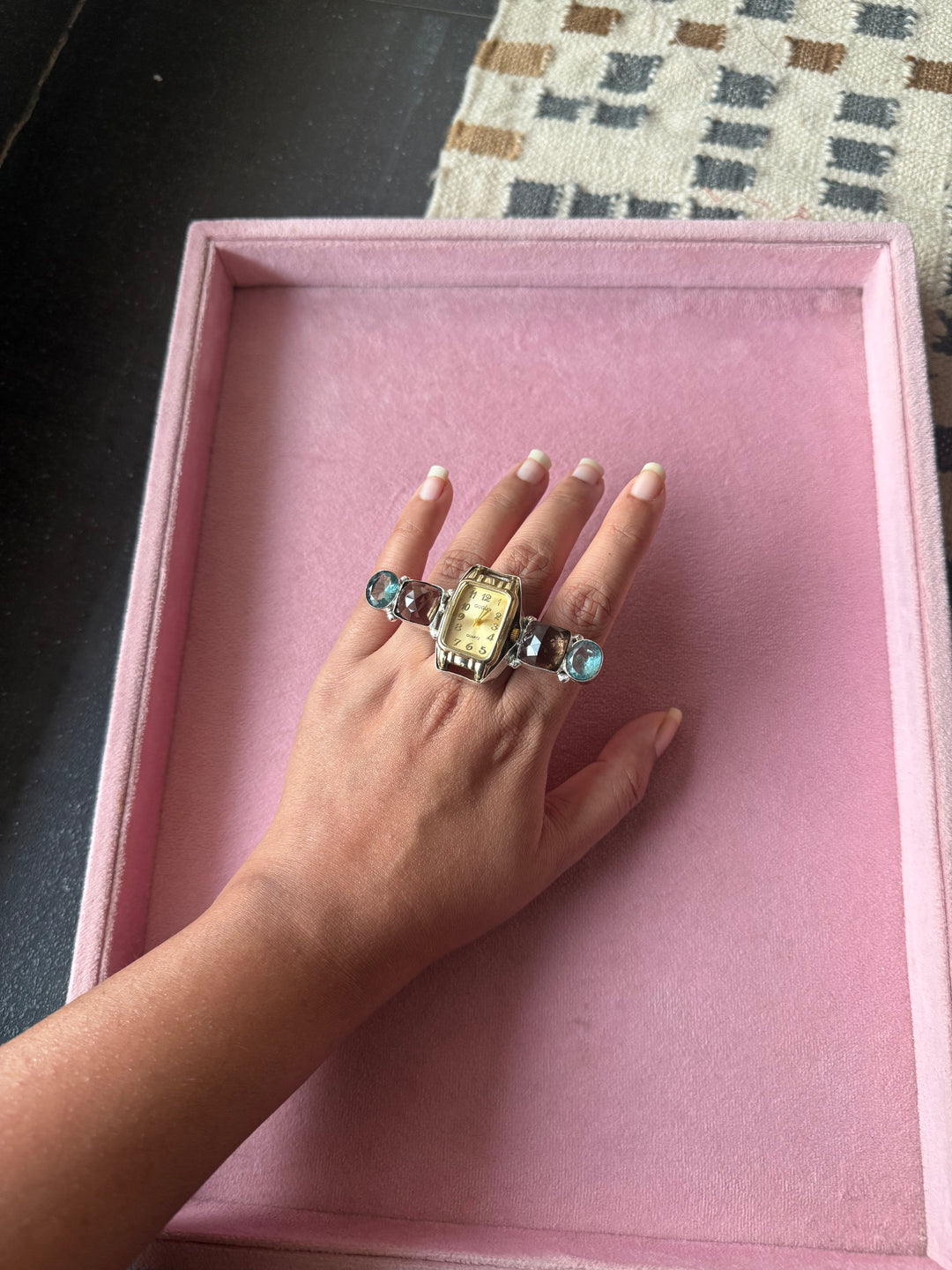 Vintage Watch Quartz Stones Statement Ring