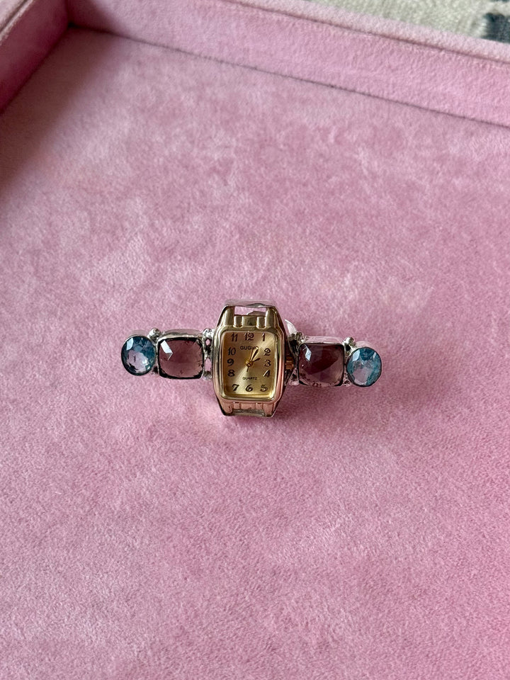 Vintage Watch Quartz Stones Statement Ring