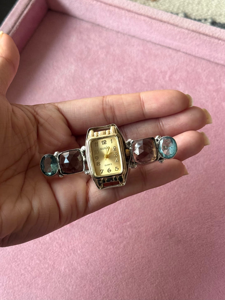Vintage Watch Quartz Stones Statement Ring