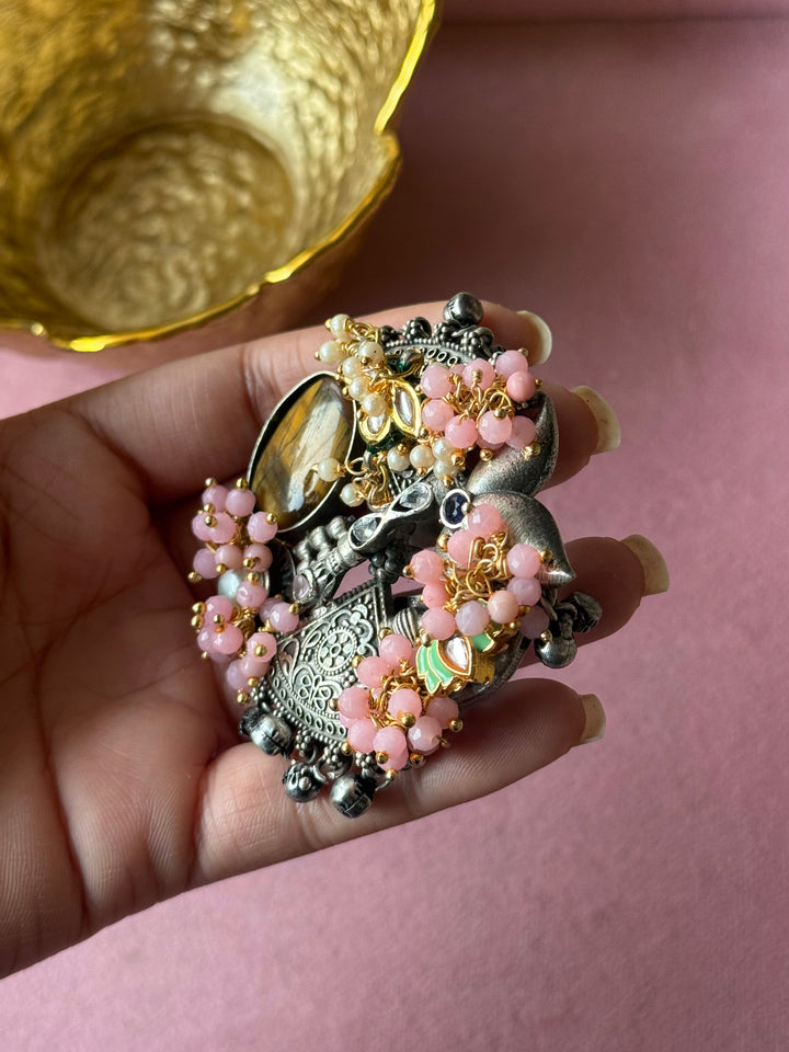 Tiger’s Eye Pink Floral Temple Haathphool Ring