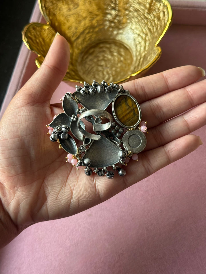 Tiger’s Eye Pink Floral Temple Haathphool Ring