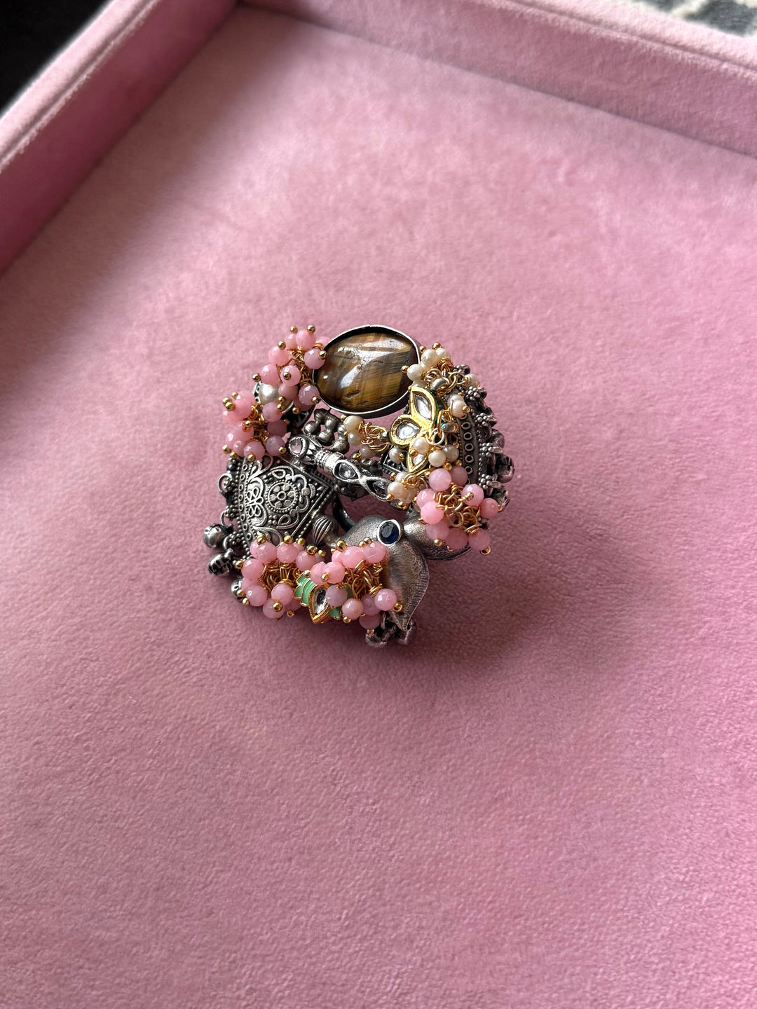 Tiger’s Eye Pink Floral Temple Haathphool Ring