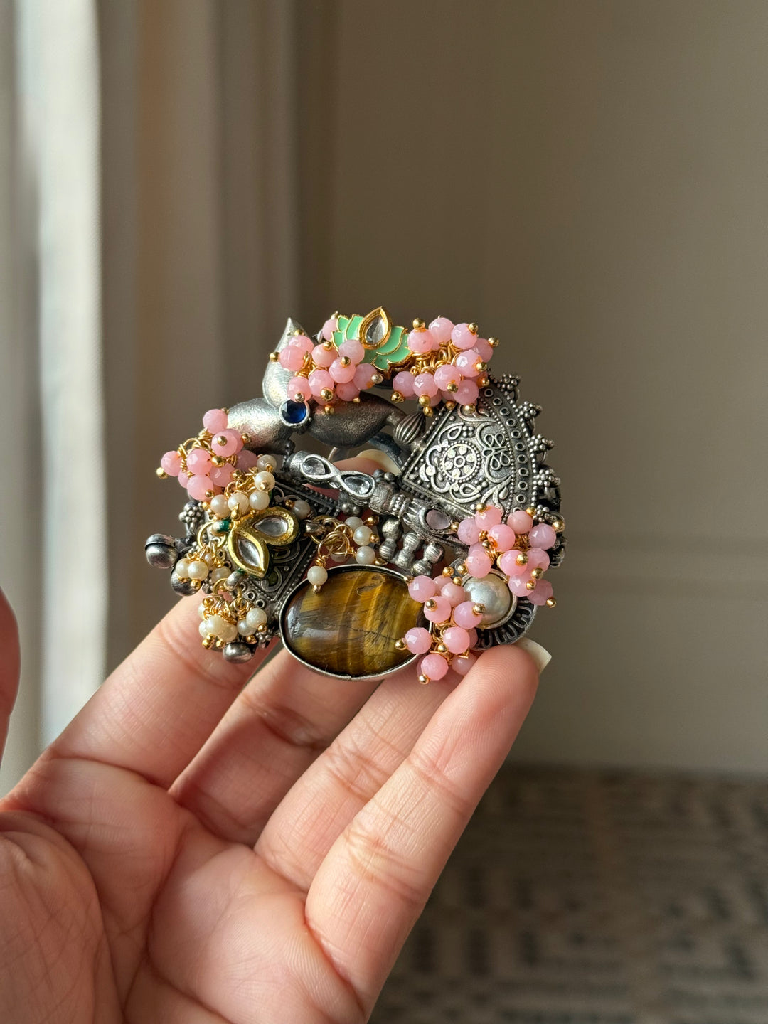 Tiger’s Eye Pink Floral Temple Haathphool Ring