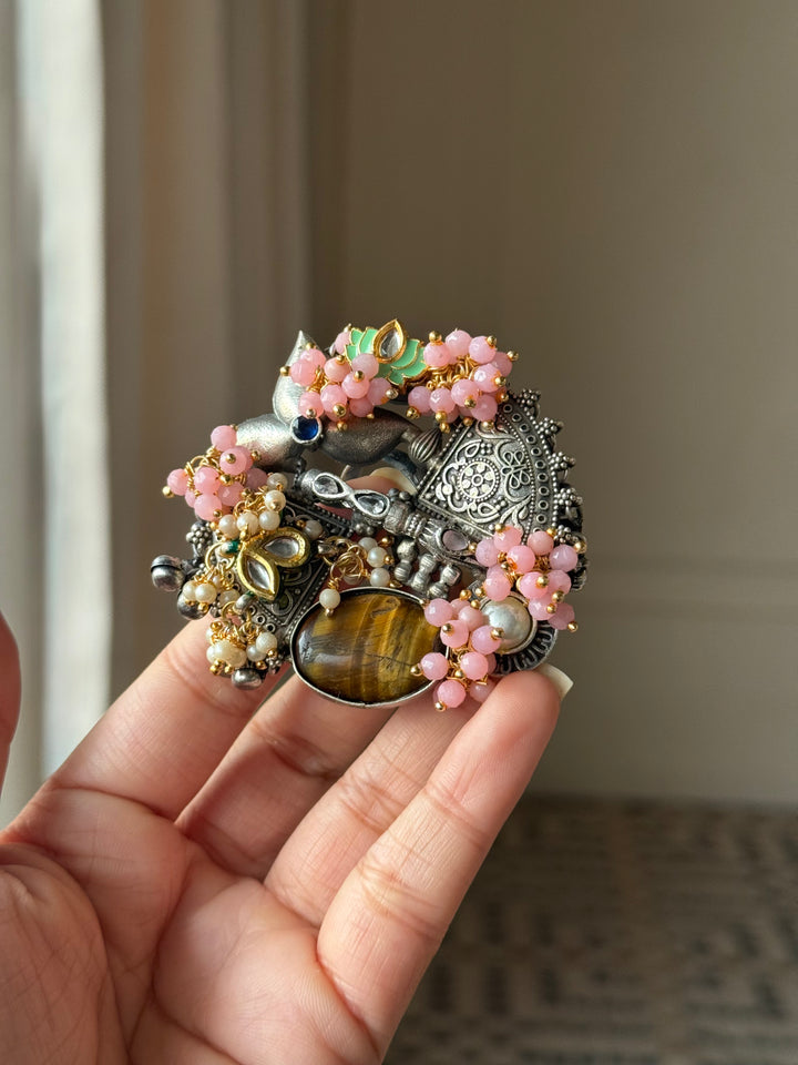 Tiger’s Eye Pink Floral Temple Haathphool Ring