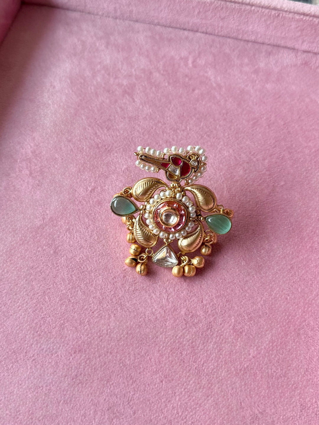 Gold-Tone Bird Motif Ghungroo Haathphool Ring