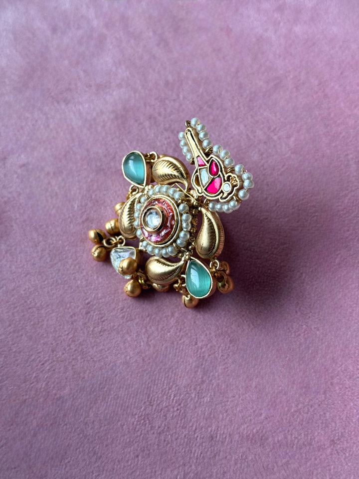 Gold-Tone Bird Motif Ghungroo Haathphool Ring