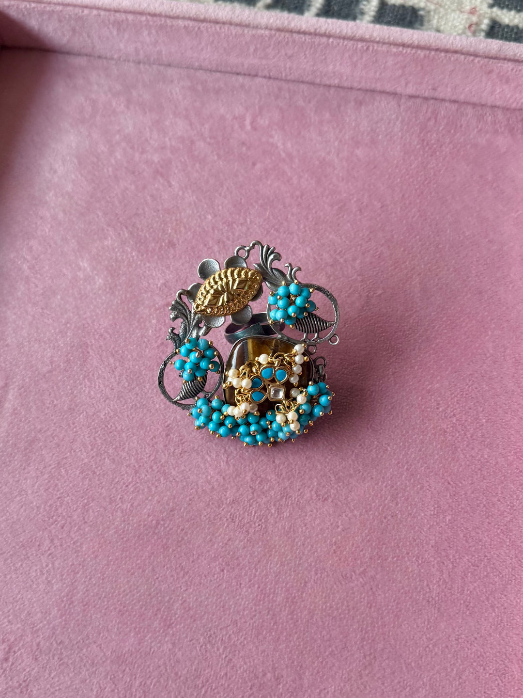Tiger’s Eye Bird Motifs Blue Ghungroo Ring