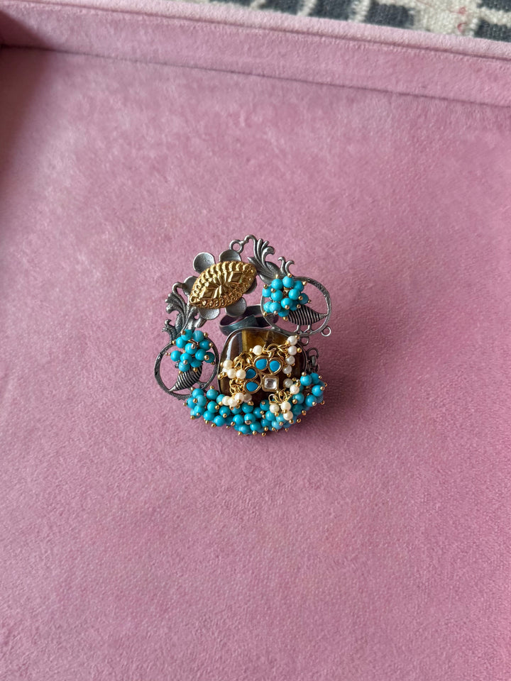 Tiger’s Eye Bird Motifs Blue Ghungroo Ring