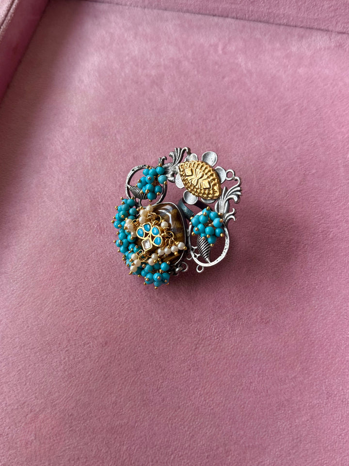 Tiger’s Eye Bird Motifs Blue Ghungroo Ring