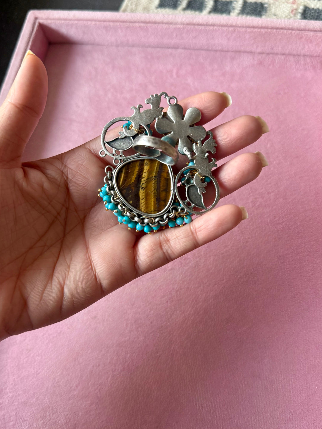 Tiger’s Eye Bird Motifs Blue Ghungroo Ring