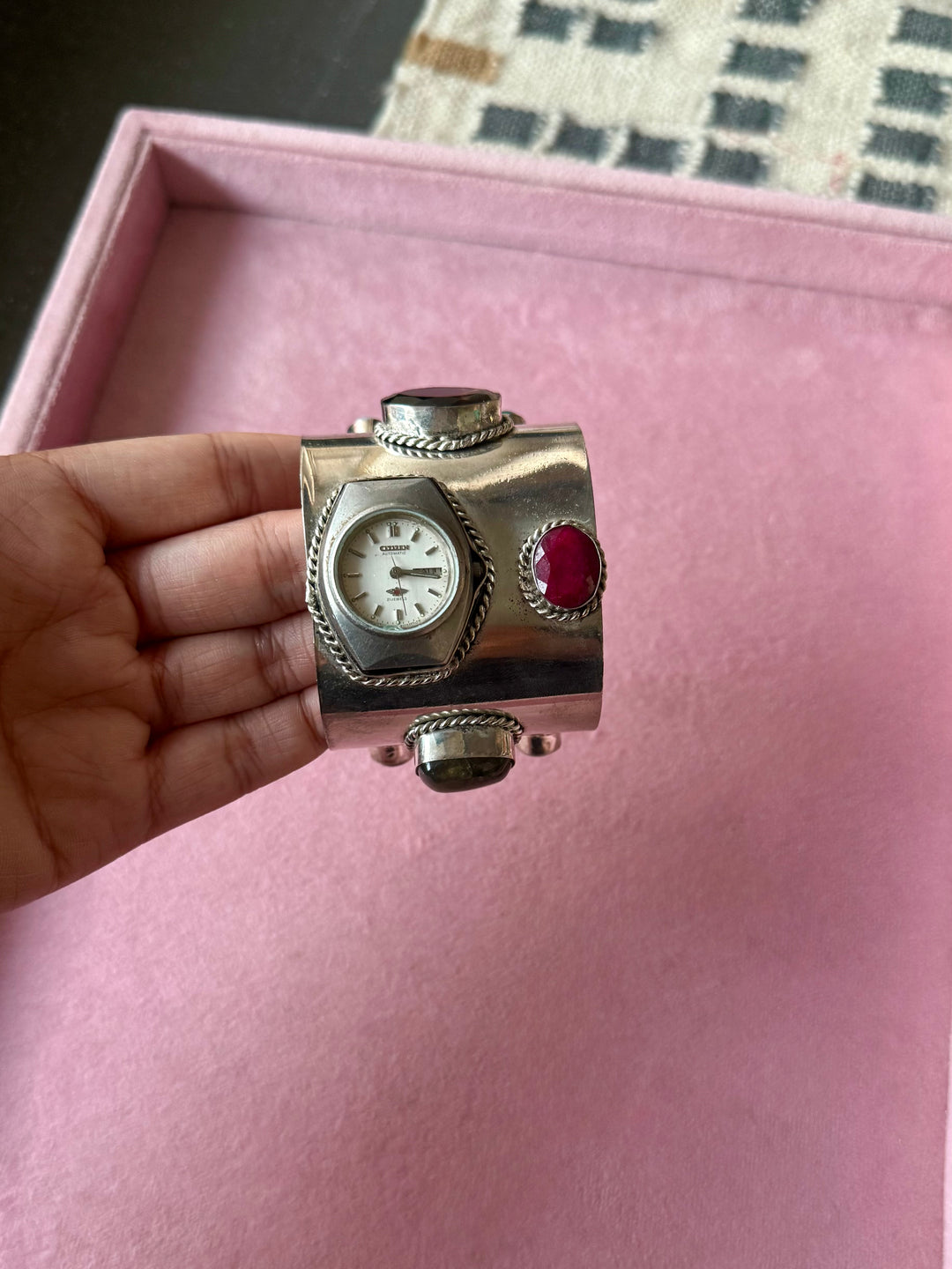 Vintage Watch Gemstone Silver-Tone Cuff