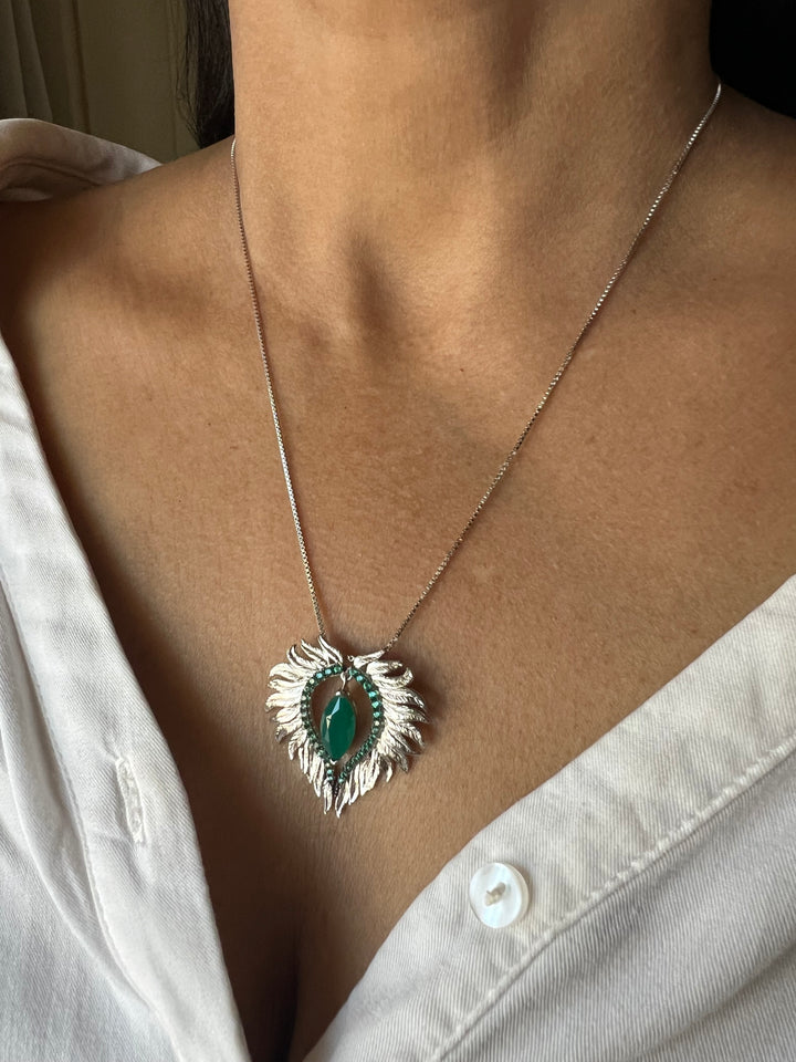 Elegant Agate Stone 925 Silver Pendant Chain Necklace Set | SHIVKA | Lightweight Dinner Jewelry