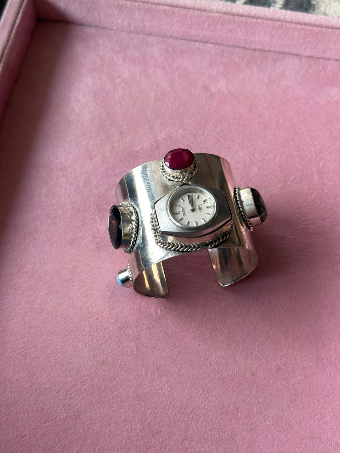 Vintage Watch Gemstone Silver-Tone Cuff