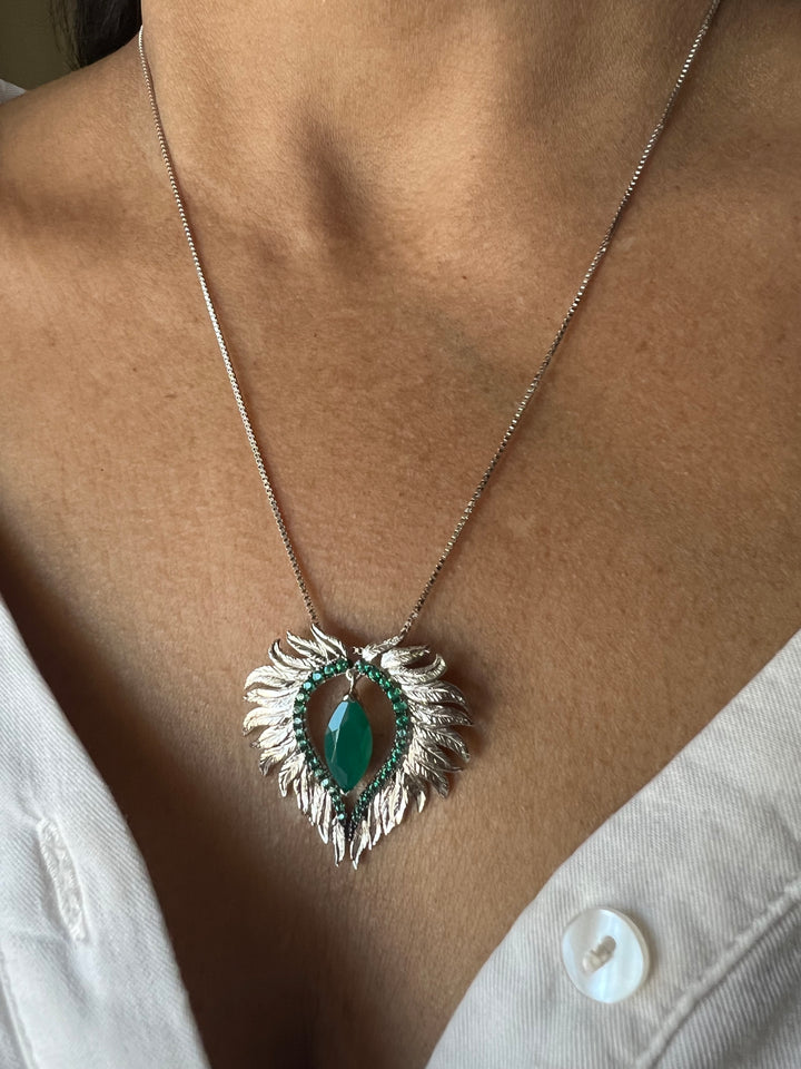 Elegant Agate Stone 925 Silver Pendant Chain Necklace Set | SHIVKA | Lightweight Dinner Jewelry