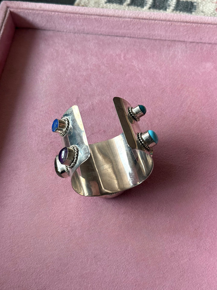 Vintage Watch Gemstone Silver-Tone Cuff
