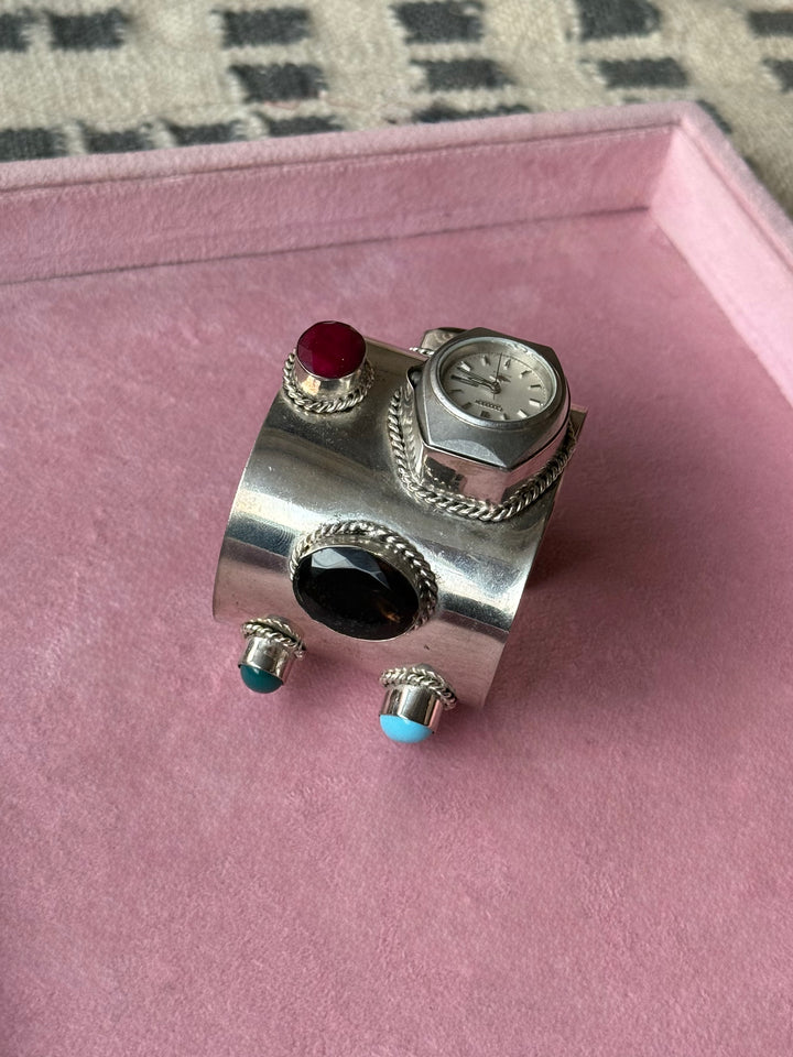 Vintage Watch Gemstone Silver-Tone Cuff