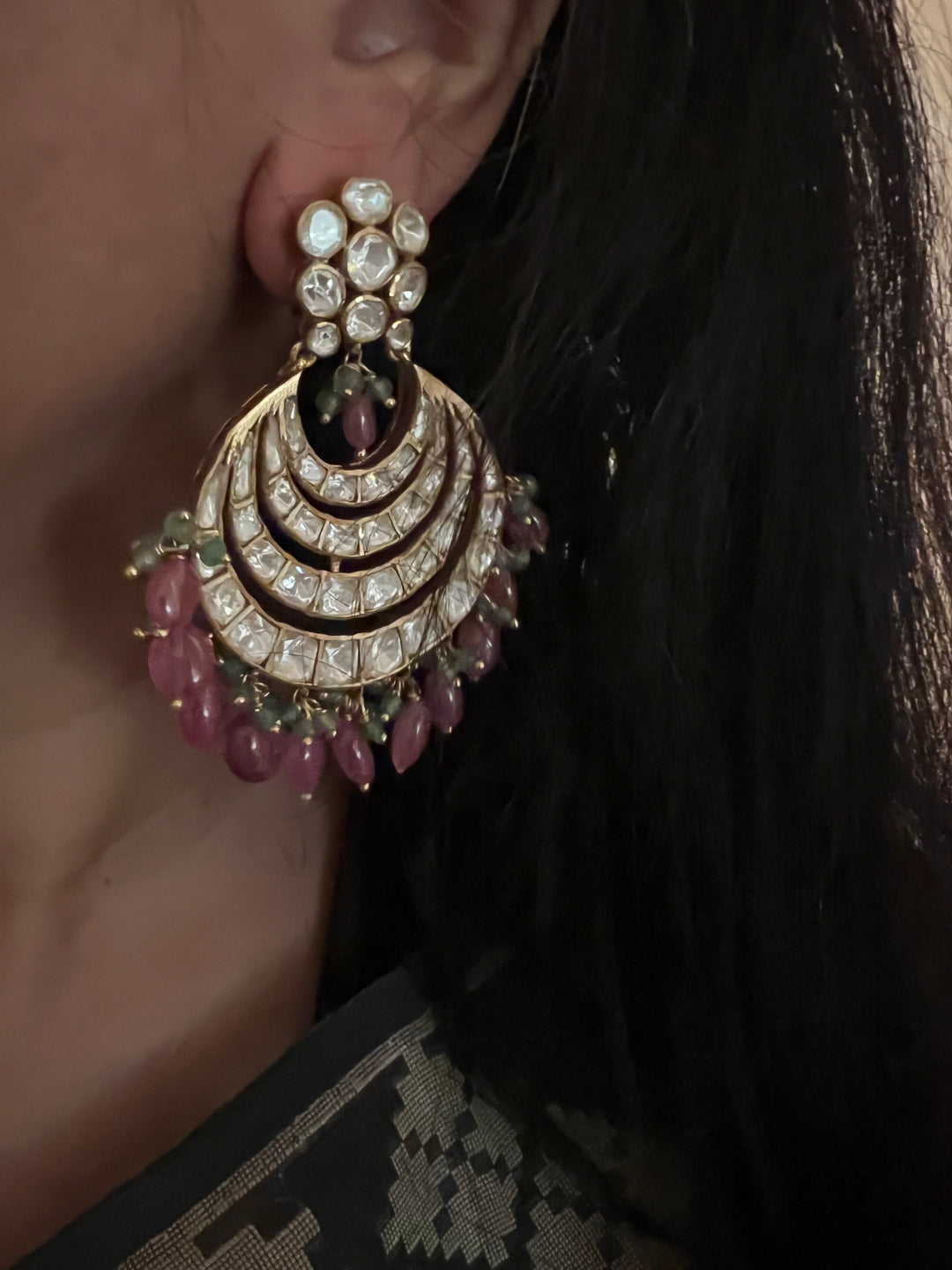 Pure 925 Silver Polki Chandbaalis with Ruby