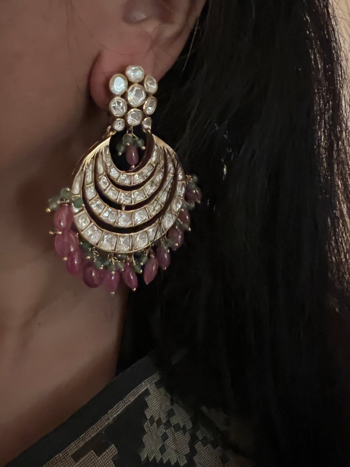 Pure 925 Silver Polki Chandbaalis with Ruby
