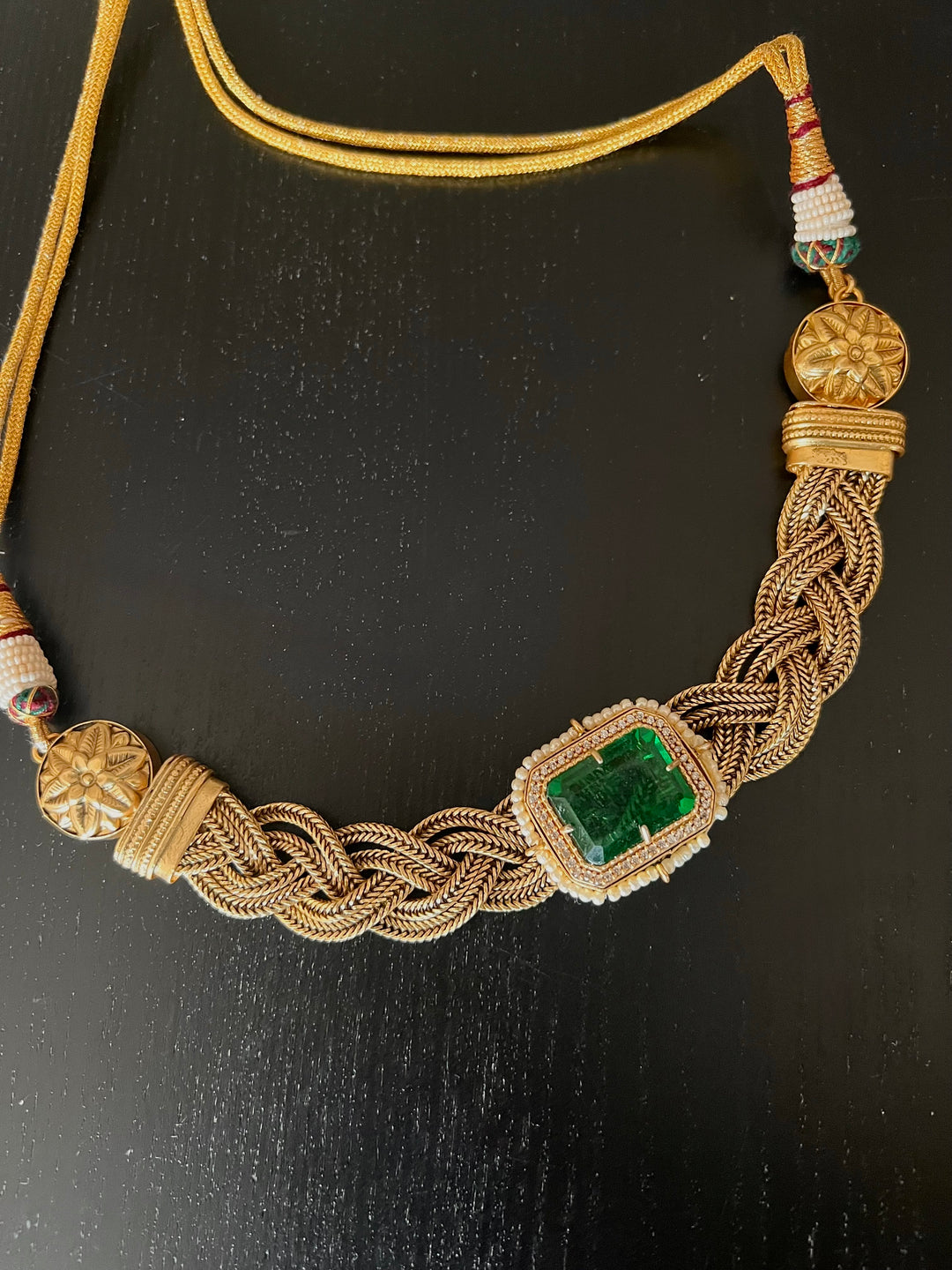 Handmade Statement Choker Necklace with Doublet Stone & Pearls | Adjustable Dori Brass Jewelry