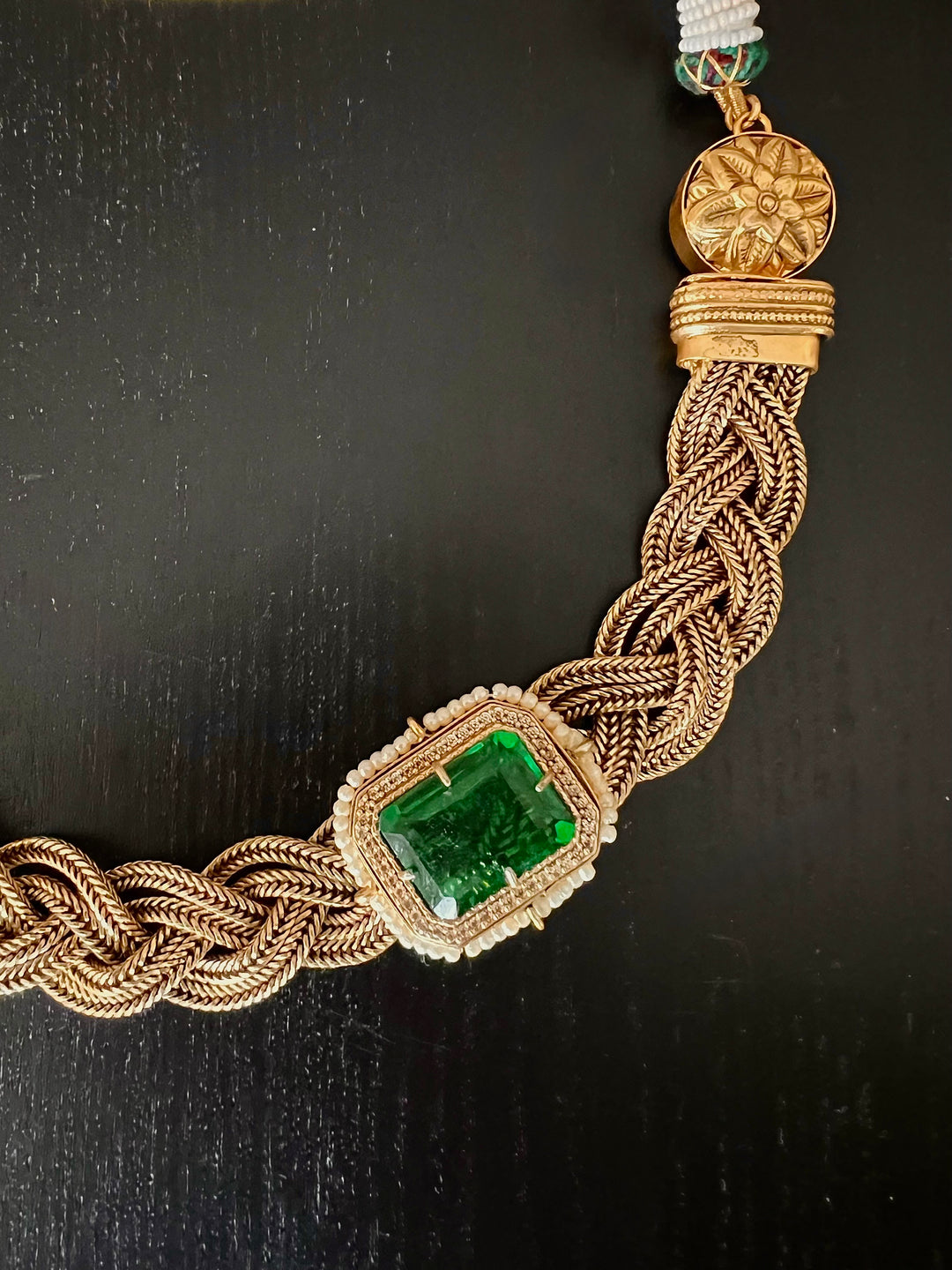 Handmade Statement Choker Necklace with Doublet Stone & Pearls | Adjustable Dori Brass Jewelry
